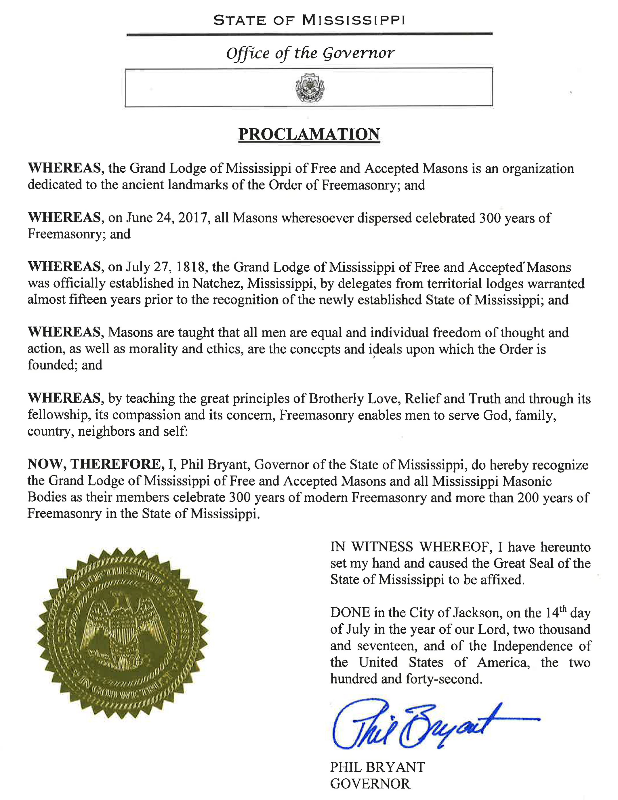 Governor's Proclamation The Grand Lodge of Mississippi F∴ & A∴ M∴